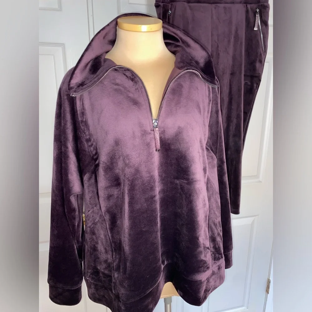 2 PC Chico’s Velour Plum Purple Half Zip Pullover & Ankle Pants Lounge SET